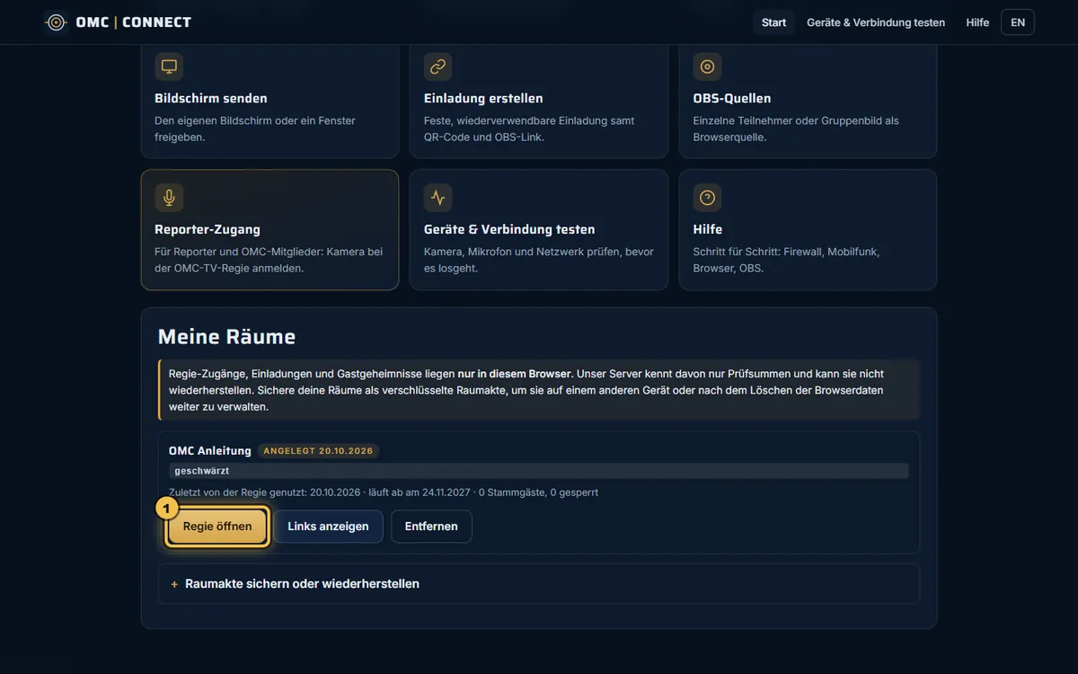 Bereich „Meine Räume“ mit dem gespeicherten Raum und dem Knopf „Regie öffnen“