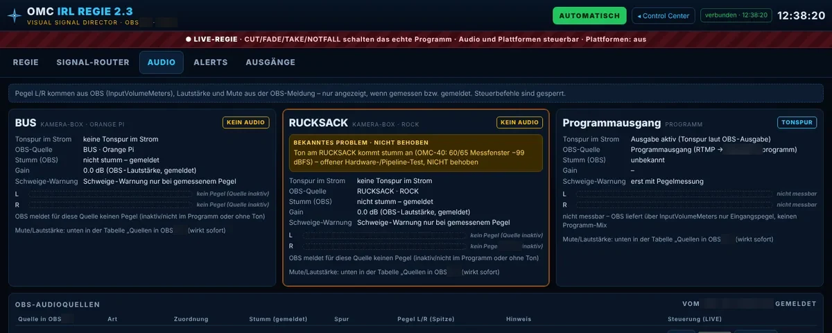 Reiter Audio der Regie mit Tonspuren je Box, Programmausgang und Tabelle der Audioquellen mit Mute und Lautstärke