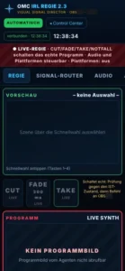 OMC IRL Regie 2.3 auf einem Smartphone mit Vorschau, CUT, FADE und TAKE