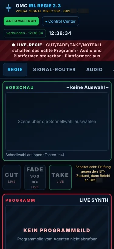 OMC IRL Regie 2.3 auf einem Smartphone mit Vorschau, CUT, FADE und TAKE