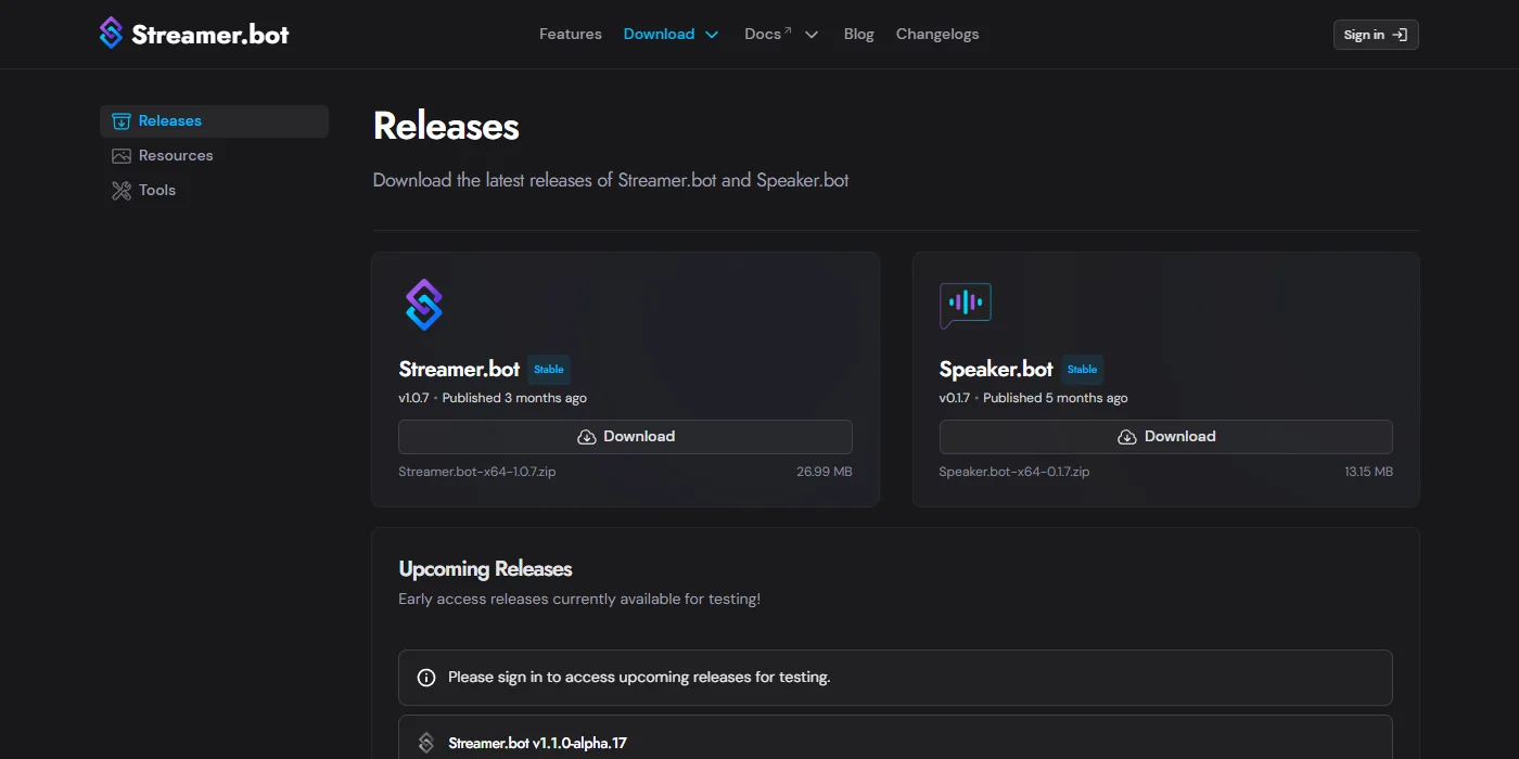 Offizielle Download-Seite streamer.bot/downloads mit Streamer.bot v1.0.7 Stable und Download-Knopf