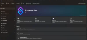 Startseite von Streamer.bot 1.0.7 mit Seitenleiste, Kacheln Actions, Commands, Platforms, Stream Apps und Support-Links