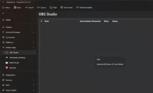Seite Stream Apps, OBS Studio mit leerer Verbindungsliste und Kontextmenü Add
