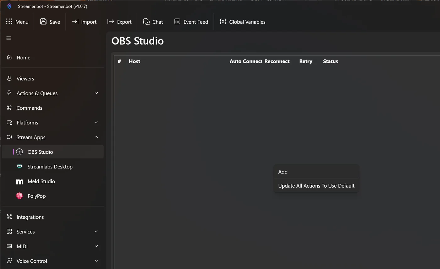 Seite Stream Apps, OBS Studio mit leerer Verbindungsliste und Kontextmenü Add