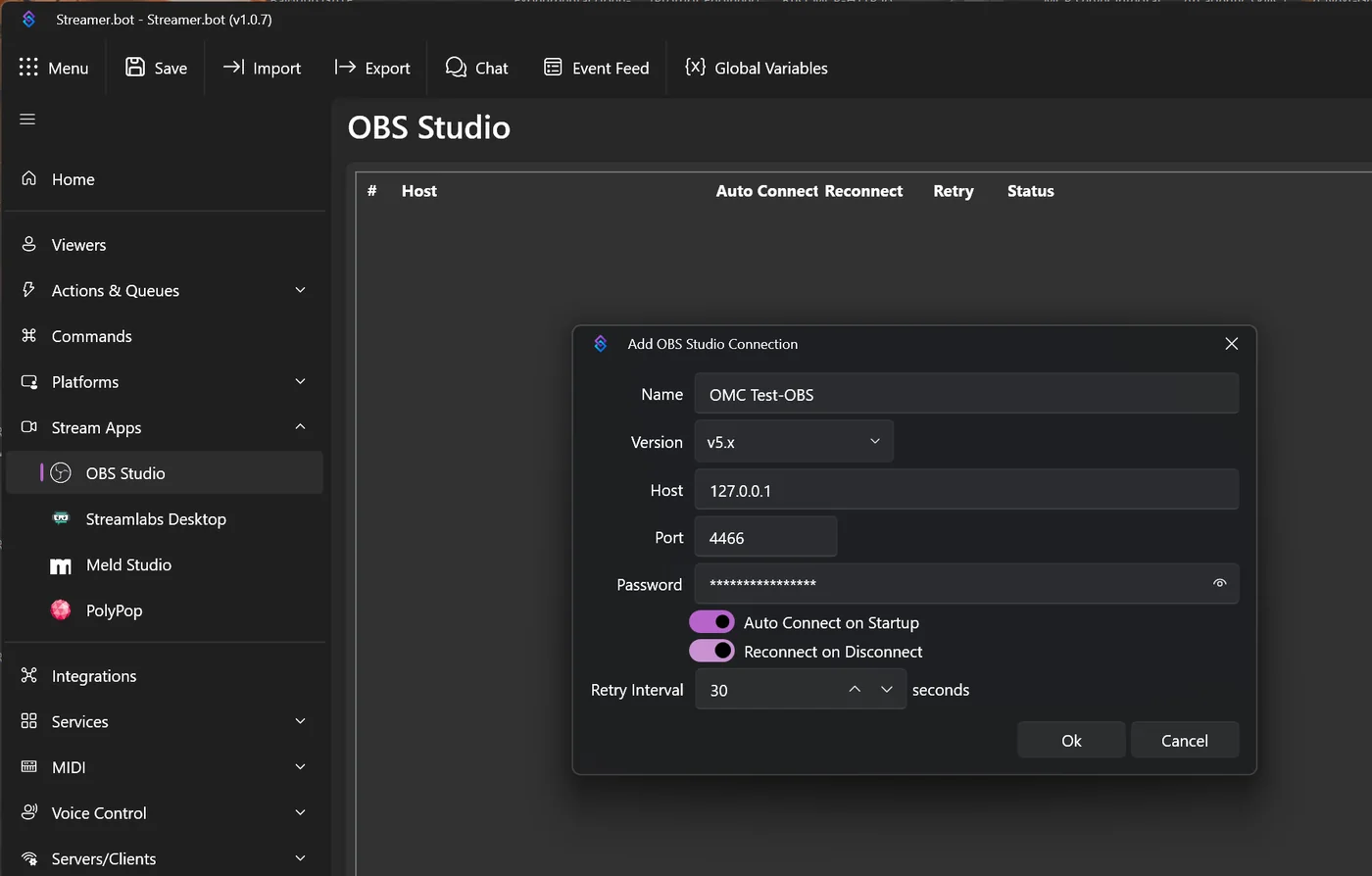 Dialog Add OBS Studio Connection mit Name, Version v5.x, Host 127.0.0.1, Port, verdecktem Passwort, Auto Connect und Reconnect