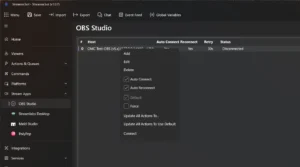 Kontextmenü der OBS-Verbindung mit Add, Edit, Delete, Auto Connect, Auto Reconnect, Default, Force und Connect