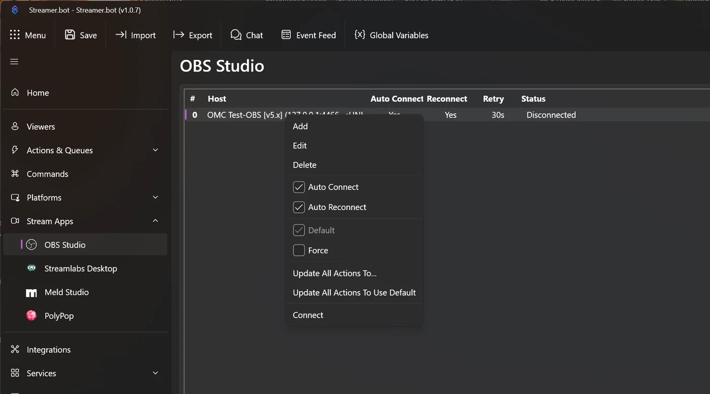Kontextmenü der OBS-Verbindung mit Add, Edit, Delete, Auto Connect, Auto Reconnect, Default, Force und Connect