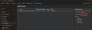 OBS-Verbindung mit Status Connected, rechts OBS Information mit aktueller Szene OMC Live und den Quellen