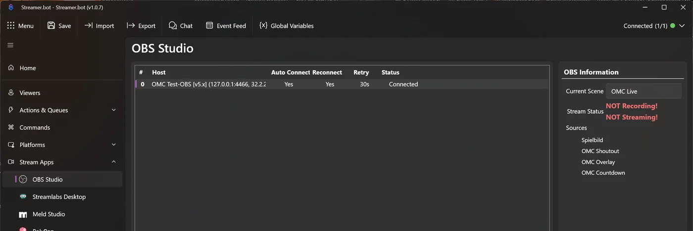 OBS-Verbindung mit Status Connected, rechts OBS Information mit aktueller Szene OMC Live und den Quellen