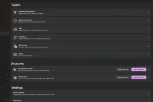 Seite Platforms, Twitch mit Channel Point Rewards, Polls, Predictions, Sub Counter und unten Accounts mit Broadcaster Account und Bot Account, jeweils Log In