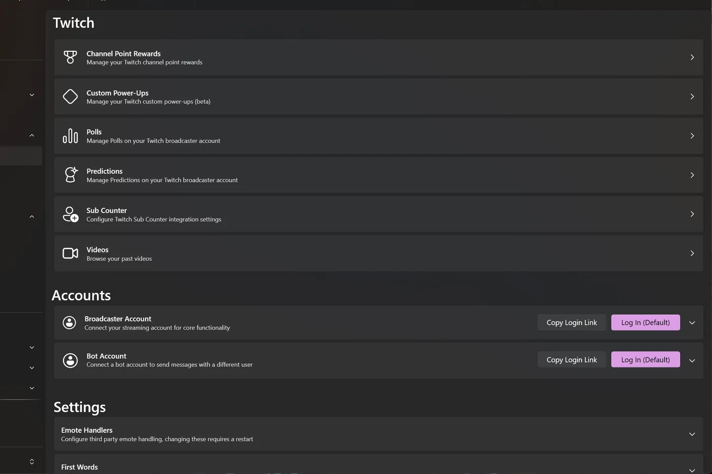 Seite Platforms, Twitch mit Channel Point Rewards, Polls, Predictions, Sub Counter und unten Accounts mit Broadcaster Account und Bot Account, jeweils Log In