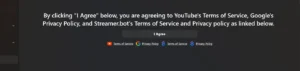 YouTube-Seite in Streamer.bot mit Zustimmungstext und Knopf I Agree