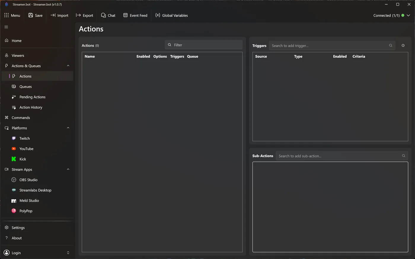 Leere Seite Actions mit Bereichen Actions, Triggers und Sub-Actions