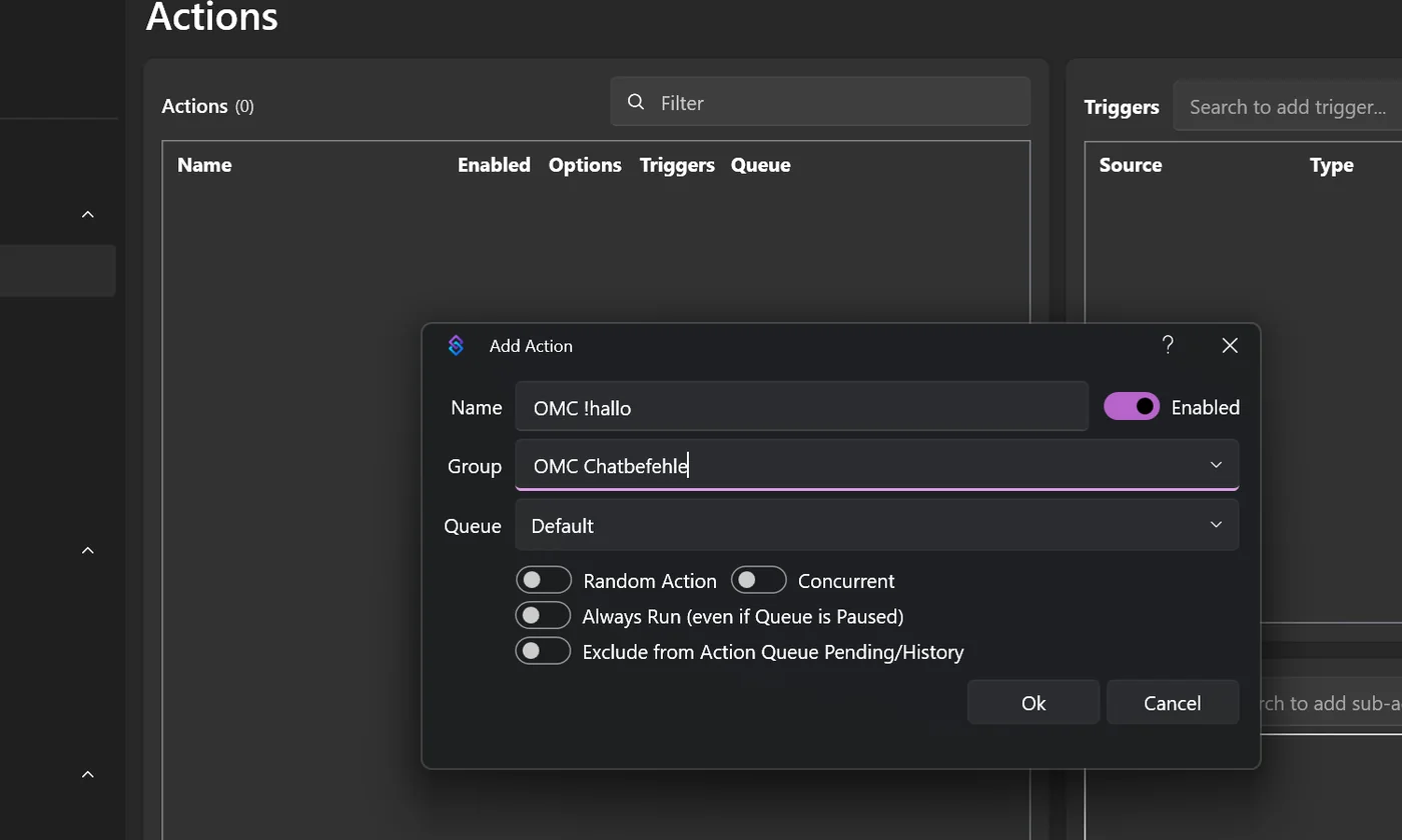 Dialog Add Action mit Name OMC !hallo und Gruppe OMC Chatbefehle