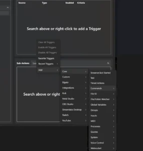 Kontextmenü der Triggers: Add, Core, Commands, Command Triggered