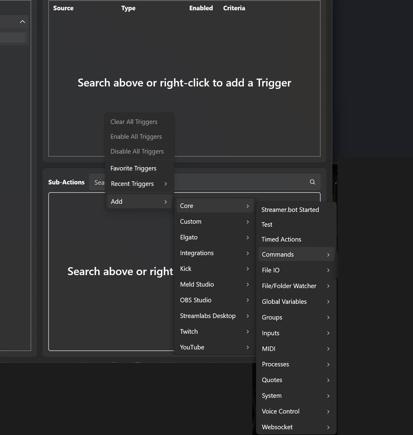 Kontextmenü der Triggers: Add, Core, Commands, Command Triggered