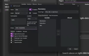 Dialog Add Command mit Name hallo, Command !hallo, Gruppe OMC Chatbefehle und Optionen Ignore Bot Account und Ignore Internal Messages