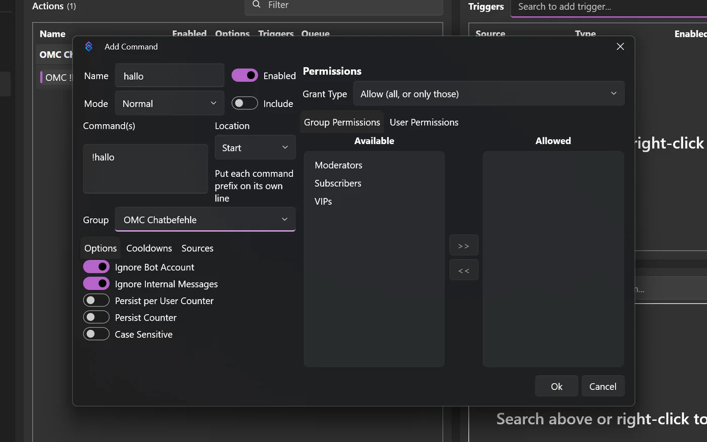 Dialog Add Command mit Name hallo, Command !hallo, Gruppe OMC Chatbefehle und Optionen Ignore Bot Account und Ignore Internal Messages