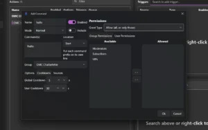 Reiter Cooldowns im Command-Dialog mit Global Cooldown 5 und User Cooldown 30 Sekunden