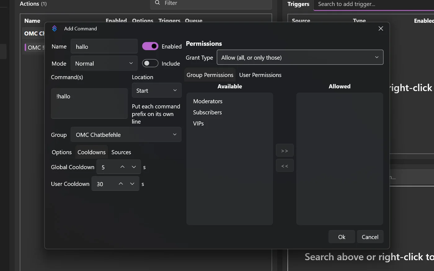 Reiter Cooldowns im Command-Dialog mit Global Cooldown 5 und User Cooldown 30 Sekunden