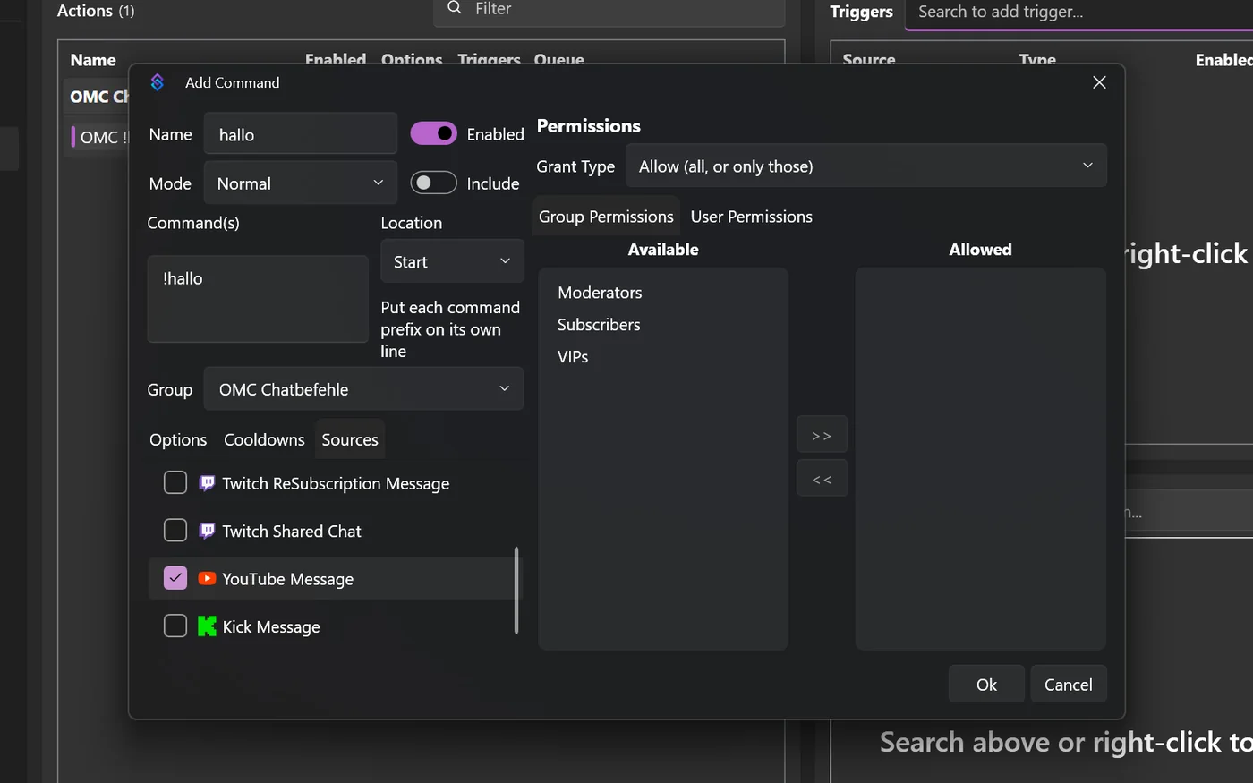Reiter Sources mit gesetzten Haken bei Twitch Message und YouTube Message