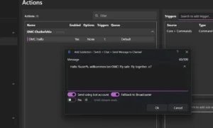 Sub-Action Twitch Send Message to Channel mit Text Hallo %user%, willkommen bei OMC und Schaltern Send using bot account und Fallback to Broadcaster
