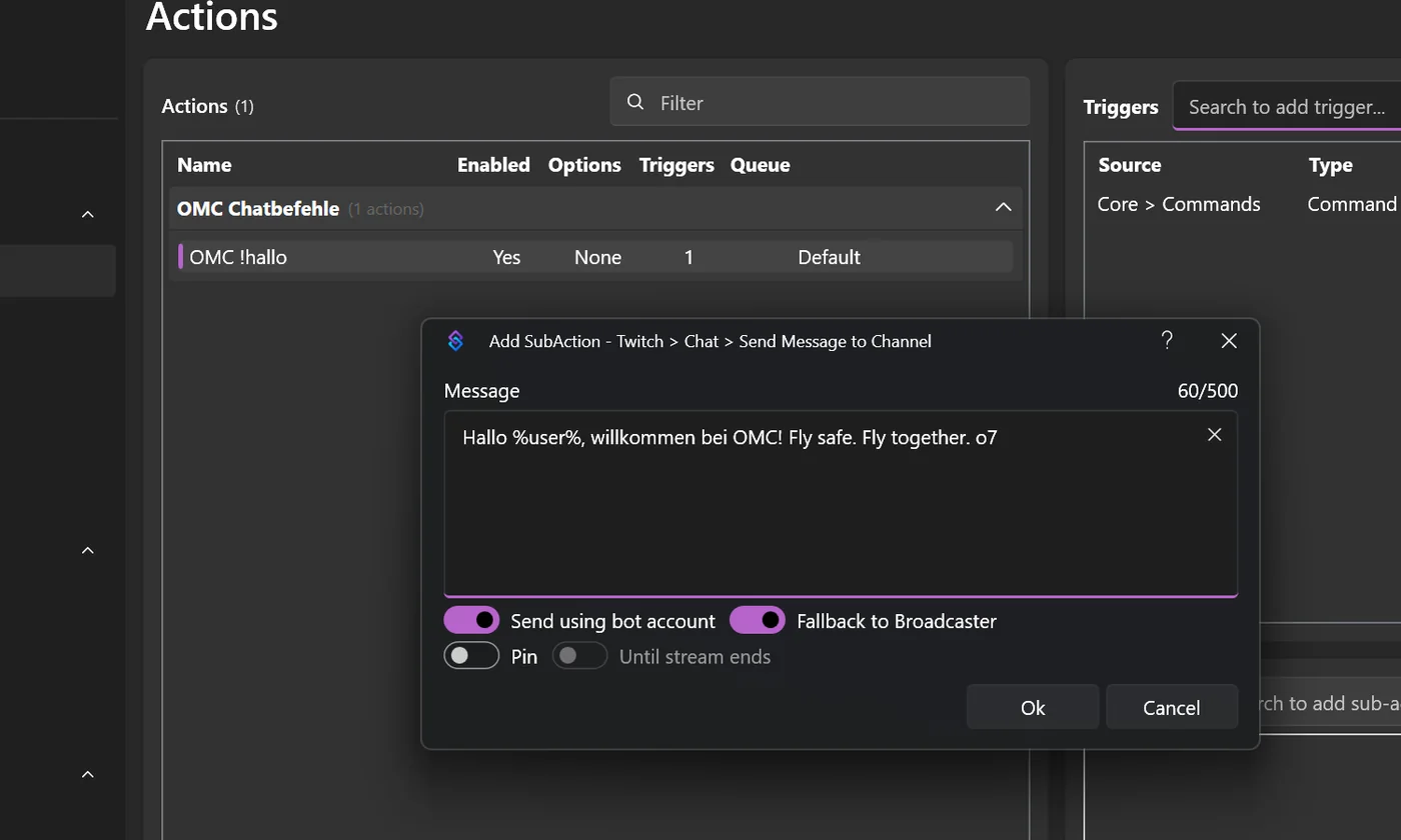 Sub-Action Twitch Send Message to Channel mit Text Hallo %user%, willkommen bei OMC und Schaltern Send using bot account und Fallback to Broadcaster