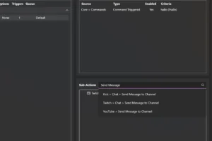 Suche nach Send Message bei den Sub-Actions mit Ergebnissen für Kick, Twitch und YouTube