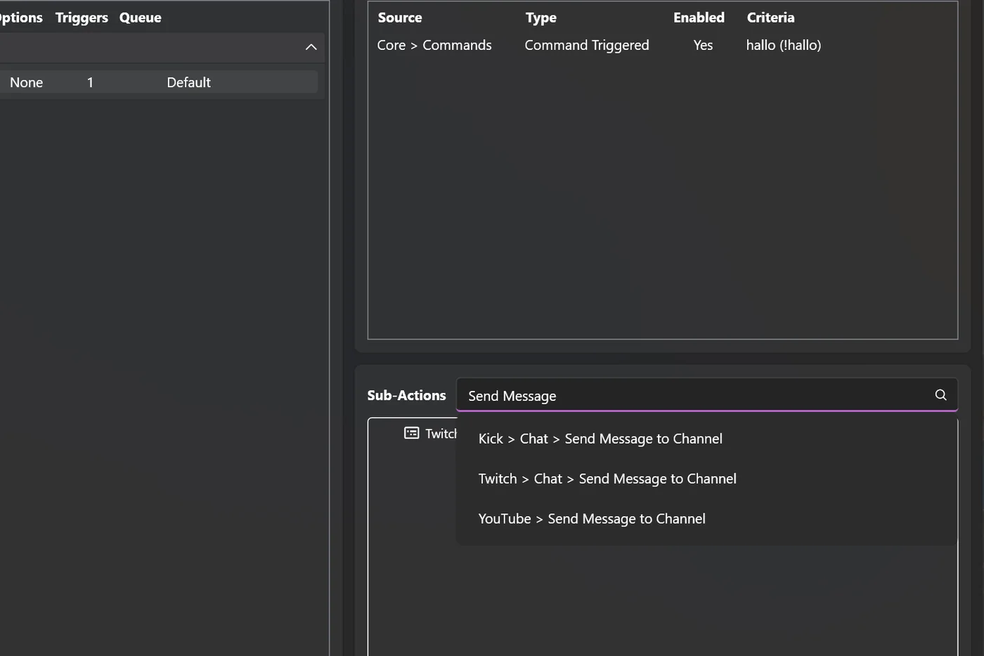 Suche nach Send Message bei den Sub-Actions mit Ergebnissen für Kick, Twitch und YouTube