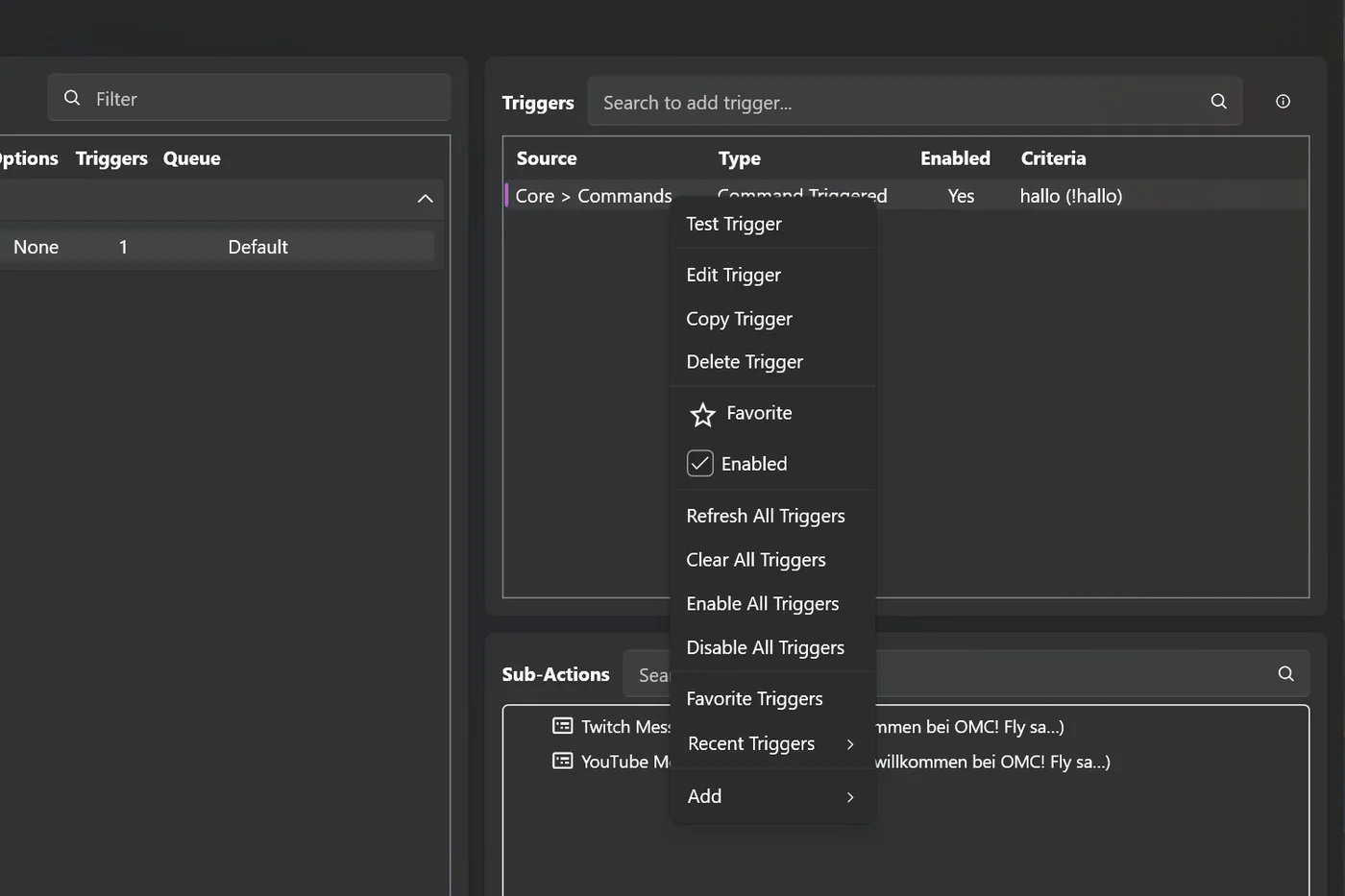 Kontextmenü eines Triggers mit Test Trigger