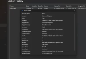 Action History mit Eintrag OMC !hallo, Status Complete, und Fenster Inspect Variables mit isTest True