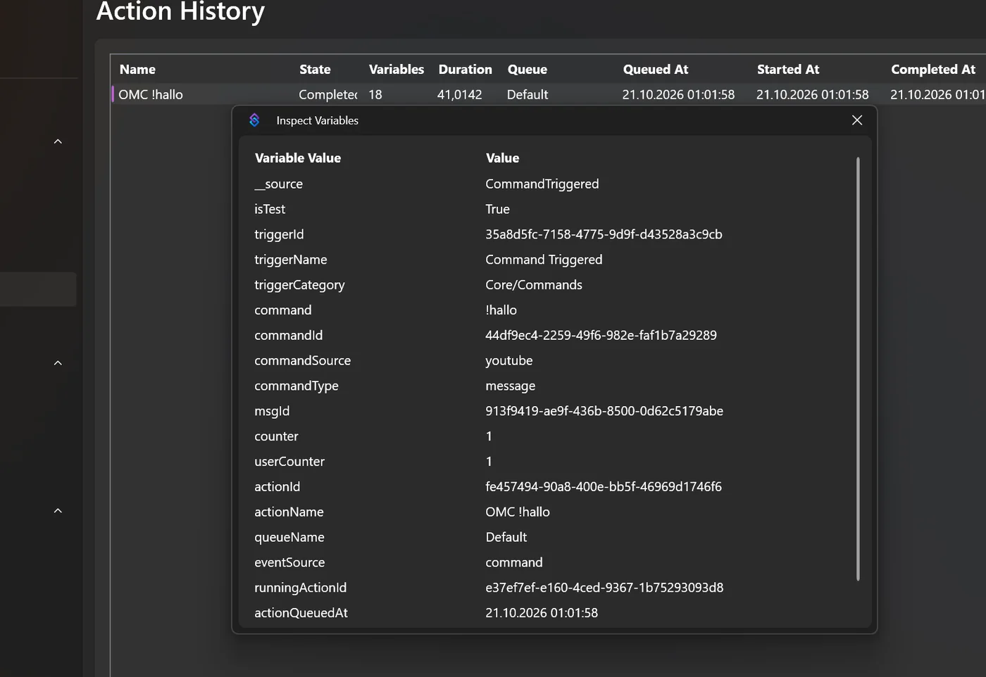 Action History mit Eintrag OMC !hallo, Status Complete, und Fenster Inspect Variables mit isTest True