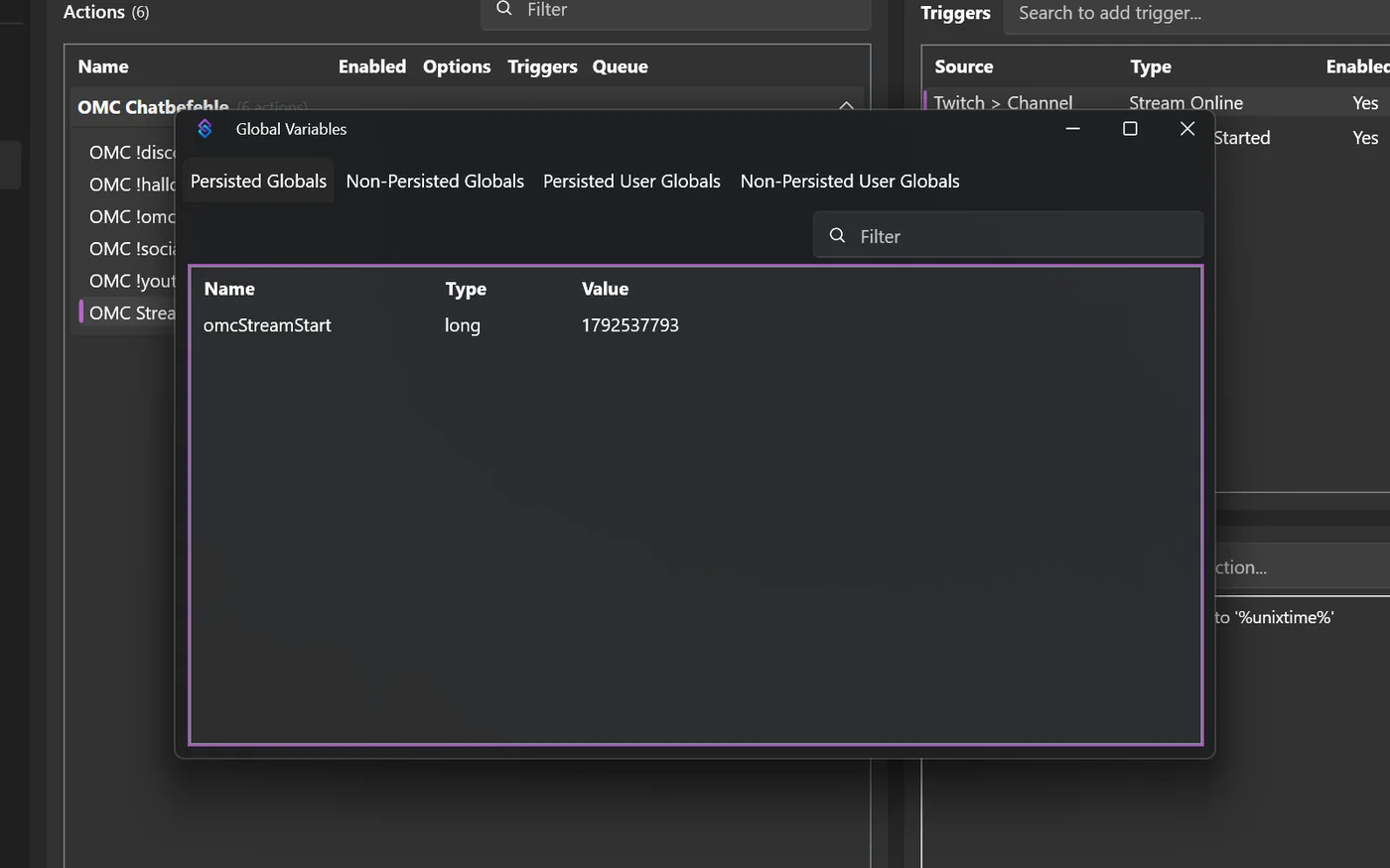 Fenster Global Variables, Reiter Persisted Globals, mit Variable omcStreamStart