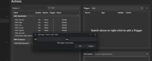 Dialog Add Trigger Twitch Raid mit Feldern Min und Max, Will trigger on any value
