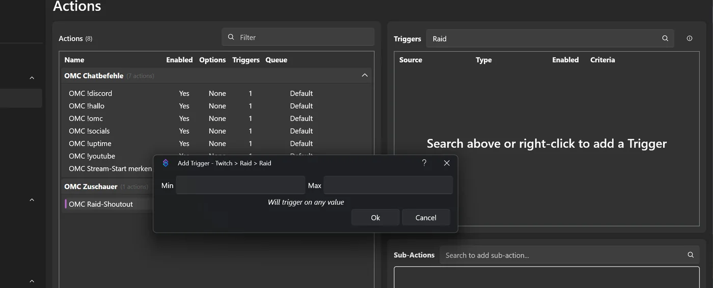 Dialog Add Trigger Twitch Raid mit Feldern Min und Max, Will trigger on any value