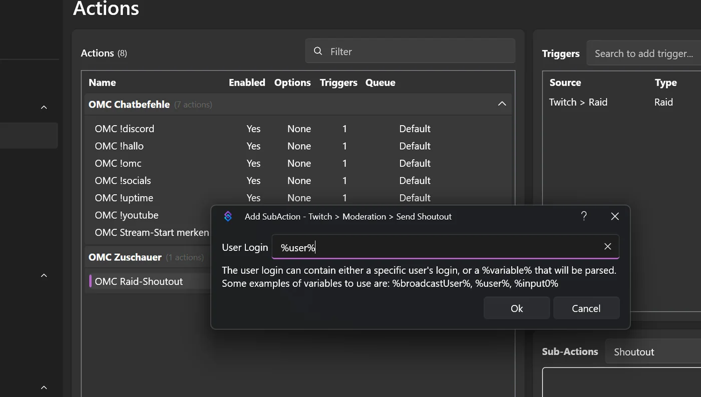 Sub-Action Twitch Moderation Send Shoutout mit User Login %user%