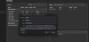 Sub-Action OBS Set Browser Source URL für Szene OMC Live, Quelle OMC Shoutout, URL mit name=%user% und zahl=%viewers%