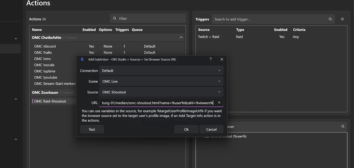 Sub-Action OBS Set Browser Source URL für Szene OMC Live, Quelle OMC Shoutout, URL mit name=%user% und zahl=%viewers%