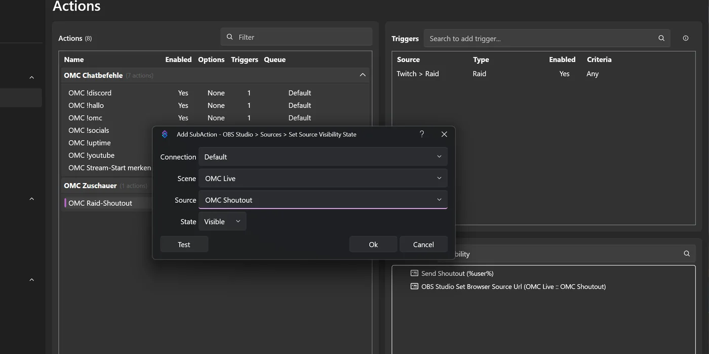 Sub-Action OBS Set Source Visibility State, Quelle OMC Shoutout, State Visible