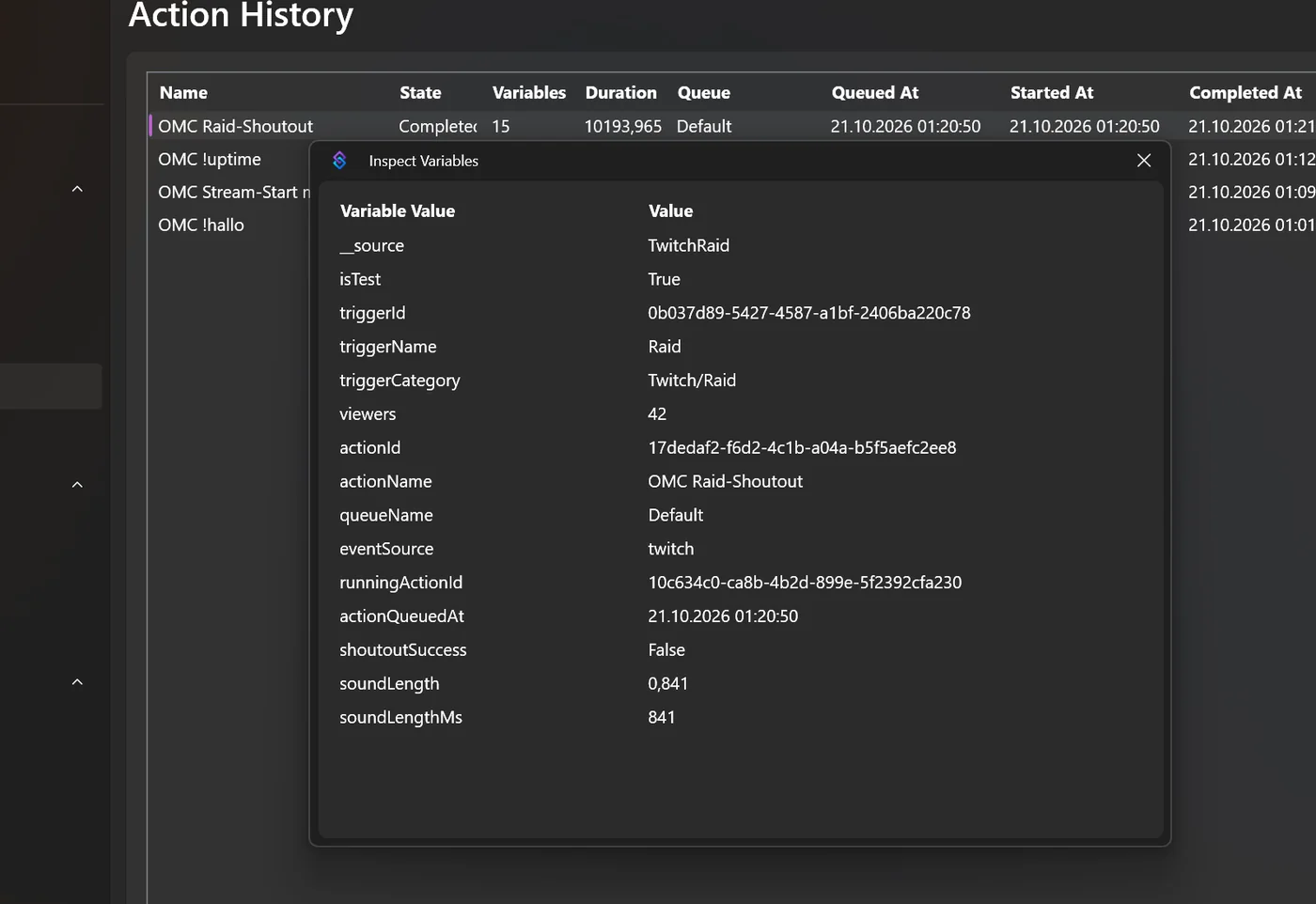 Inspect Variables des Raid-Tests mit viewers 42, shoutoutSuccess False