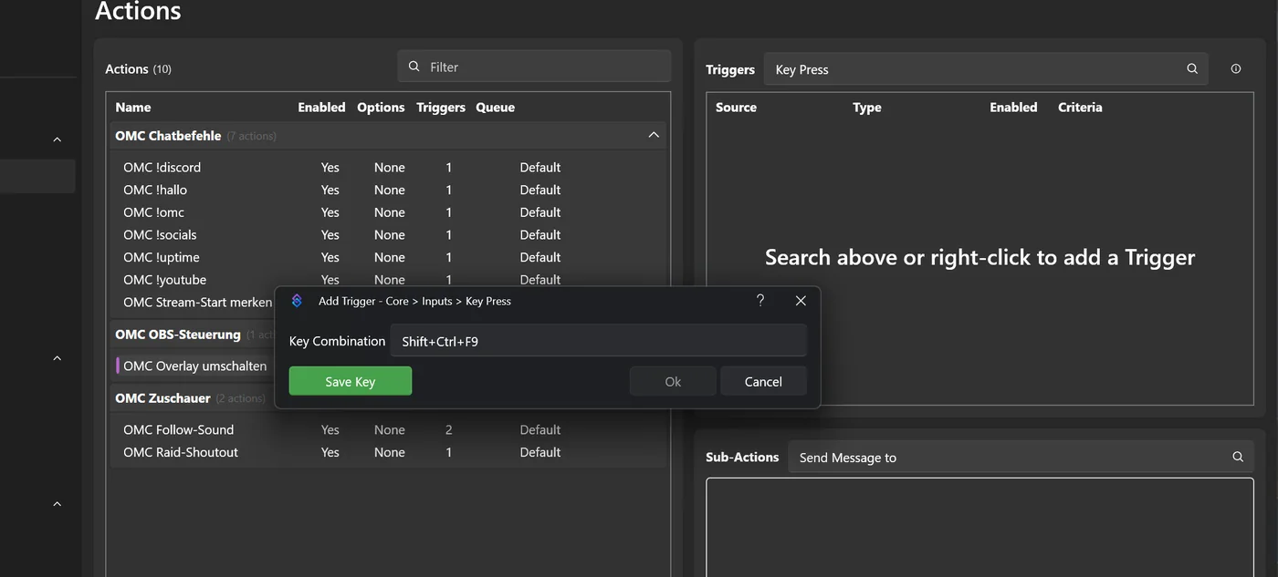 Dialog Add Trigger Core Inputs Key Press mit Tastenkombination Shift+Ctrl+F9