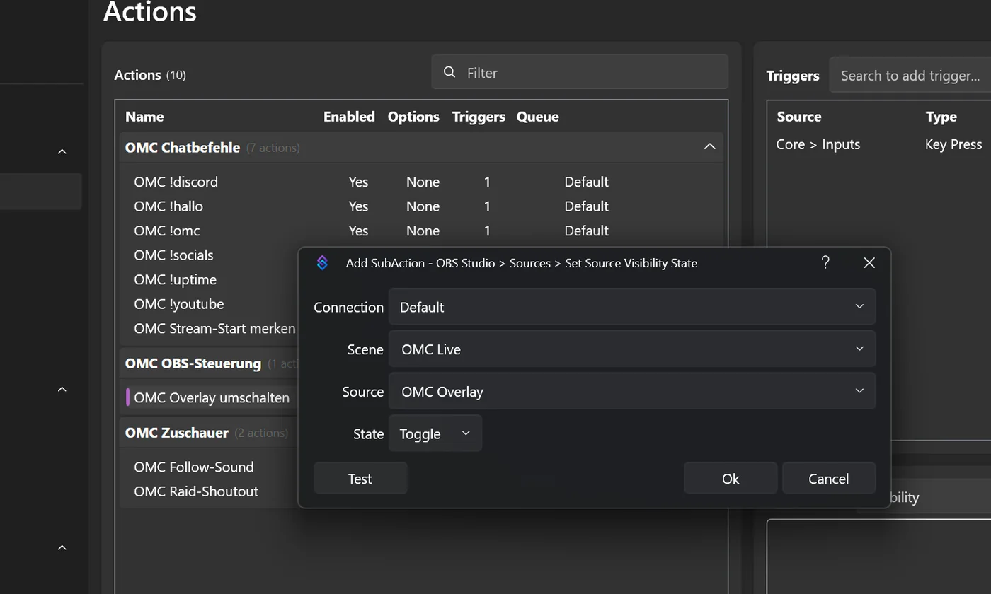Sub-Action Set Source Visibility State für Quelle OMC Overlay mit State Toggle