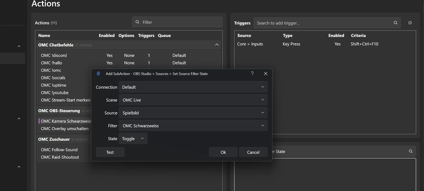 Sub-Action Set Source Filter State, Quelle Spielbild, Filter OMC Schwarzweiss, State Toggle