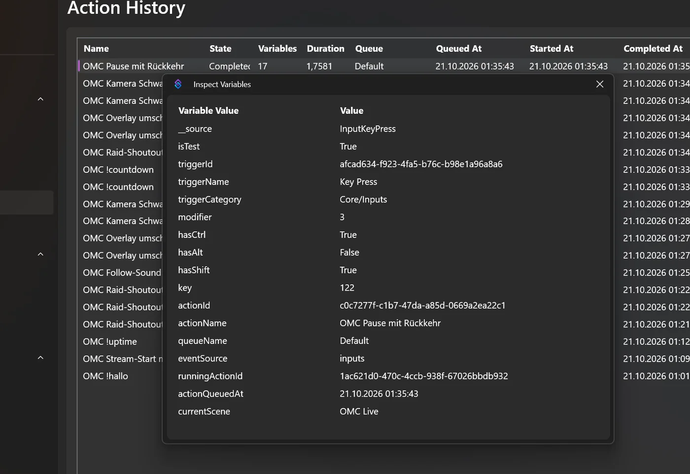 Inspect Variables mit Variable currentScene OMC Live nach Get Current Scene