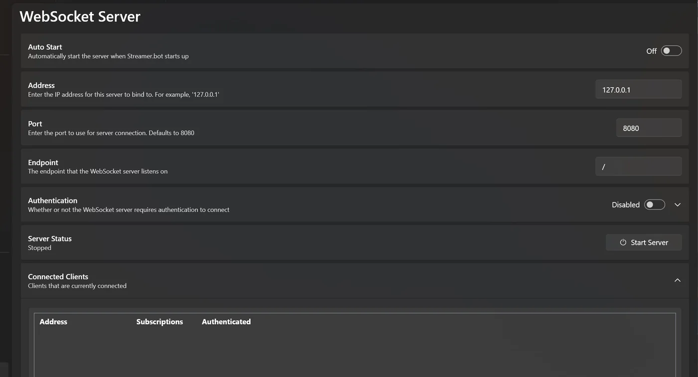 Seite WebSocket Server mit Auto Start Off, Address 127.0.0.1, Port 8080, Authentication Disabled, Server Status Stopped
