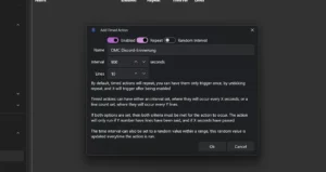 Dialog Add Timed Action mit Name OMC Discord-Erinnerung, Interval 900 Sekunden, Lines 10, Enabled und Repeat