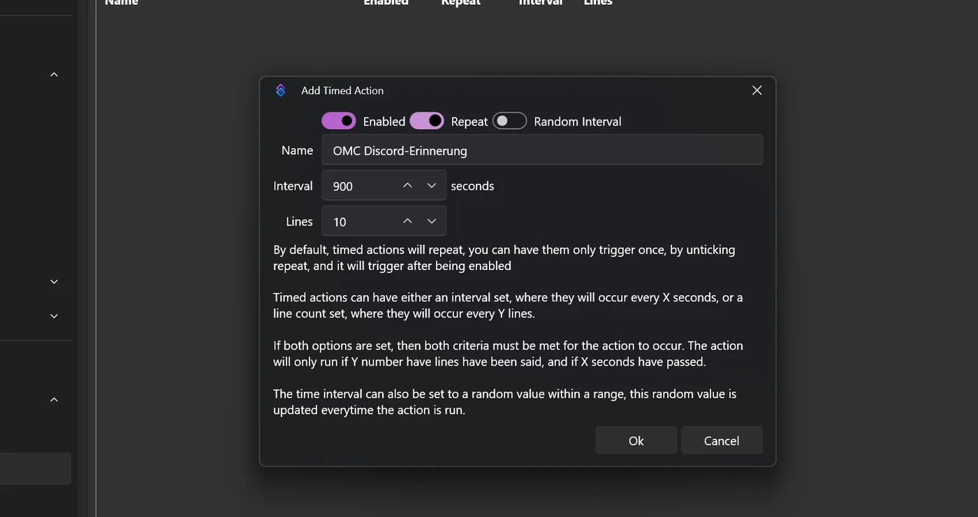 Dialog Add Timed Action mit Name OMC Discord-Erinnerung, Interval 900 Sekunden, Lines 10, Enabled und Repeat