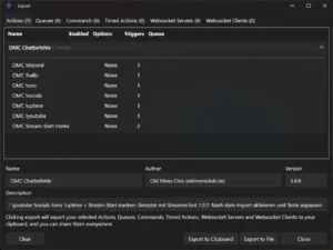 Fenster Export mit sieben Actions der Gruppe OMC Chatbefehle, Name, Author, Version, Description und Knöpfen Export to Clipboard und Export to File
