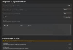 Seite Integrations Elgato StreamDeck mit Auto Start Off, Address 127.0.0.1, Port 8059, Server Status Stopped
