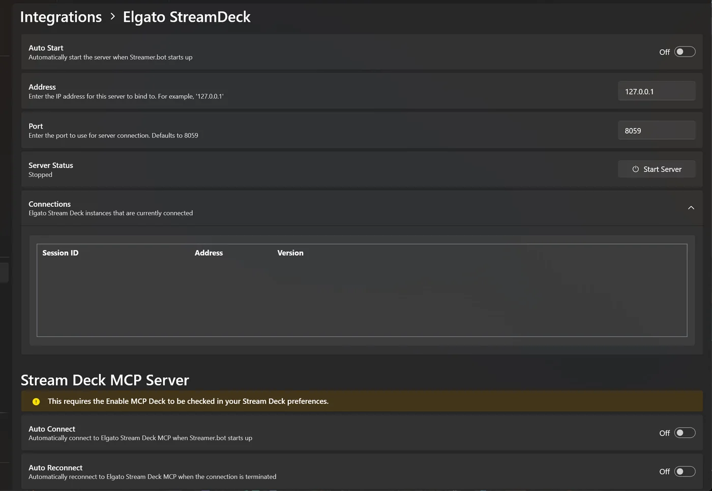 Seite Integrations Elgato StreamDeck mit Auto Start Off, Address 127.0.0.1, Port 8059, Server Status Stopped